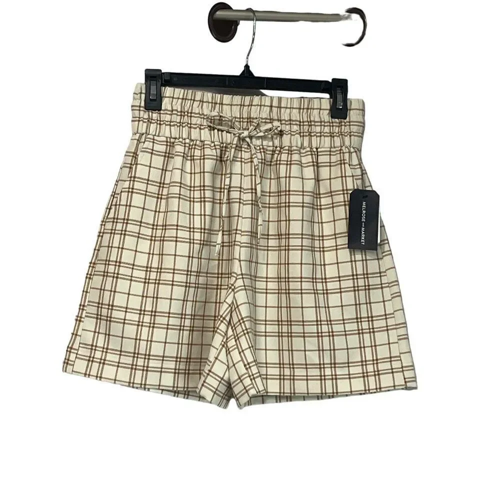 Melrose and Market Women’s High-waist, Twill Shorts, Ivory-Tan Jenn Plaid, S - Picture 2 of 6